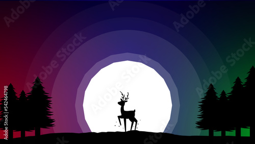 silhouette of a deer in the forest under night sky with full moon. Deer and the moon walpaper. Beautiful sky in the night. gradient sky background with moon, tree and deer.