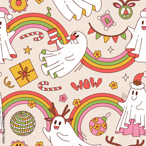 Retro 70s 60s Hippie seamless pattern with Groovy Christmas Ghost chcracters flying between Rainbow Garlands. Xmas Floral white sheet spook background. Trippy dancing ghosts. Vector illustration.