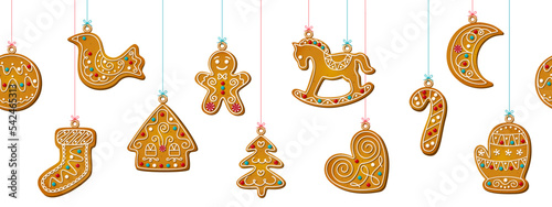 Hanging Christmas gingerbread cookies in cartoon style on horizontal seamless pattern. Sweet biscuits in festive shapes characters for template web banner. Cute childish Vector illustration