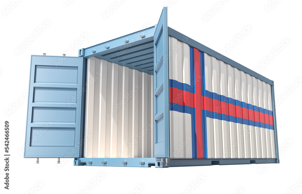 Cargo Container with open doors and Faroe national flag design. 3D Rendering