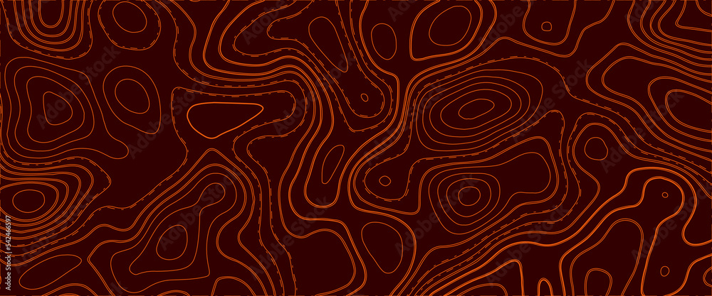 Topographic map. Abstract background with lines and circles. Red mountain contour lines. Topographic terrain. Black background with space grid Topographic background.