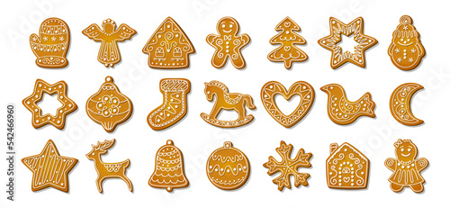 Christmas Gingerbread Cookie. Set of winter sweet homemade biscuits in the form of different characters and holiday items isolated on white background. Cute Cartoon vector illustration