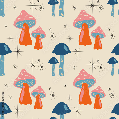 Seamless vector pattern with cute cartoon colorful forest mushrooms on a light background. Creative design for printing on fabric, wallpaper and scrapbooking.