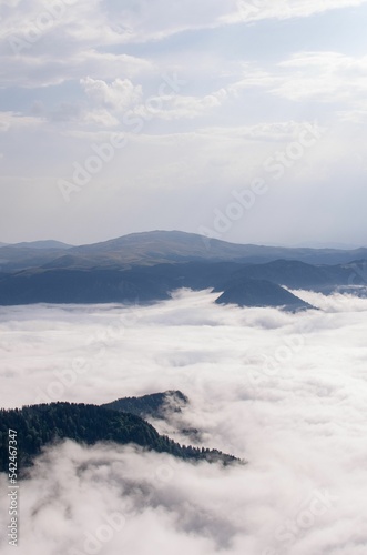 White fluffy clouds covering the mountain peak, vertical