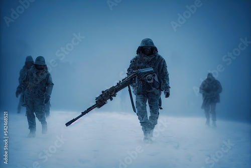Solder with large gun walking in snow. 3d artwork.