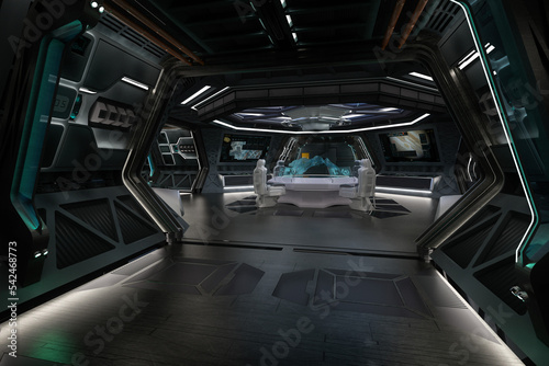 Science fiction fantasy corridor and entrance to control room in a space station or star ship. 3D rendering.