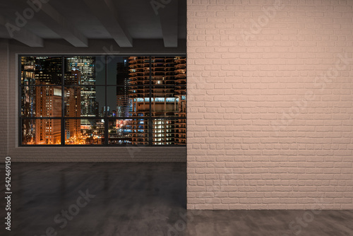 Downtown Chicago City Skyline Buildings Window background. Copy space white wall. Empty room Interior Skyscrapers View. Mockup concept. Night. 3d rendering. © VideoFlow
