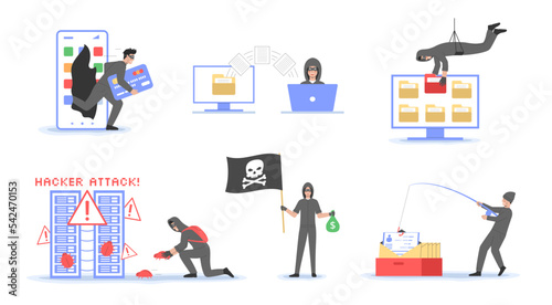 Concept Of Transaction Security, Phishing, Cyber Crime And Hacker Attack. Cheater In Face Mask Try To Hack Data, Steal Passwords And Credit Card Data. Cartoon Outline Flat Vector Illustrations Set