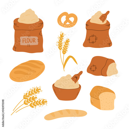 Bag of flour, breads and wheat ears.
Baguette,pretzel,long loaf.
