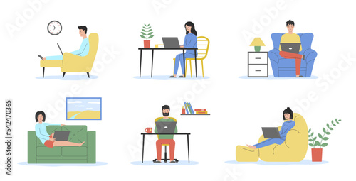 Online Education, Remote Work, Freelance Job, Or Studying. Male And Female Characters Man And Woman Is Typing On Laptop Working From Home Or Cafe. Linear Outline Flat Vector Illustrations Set