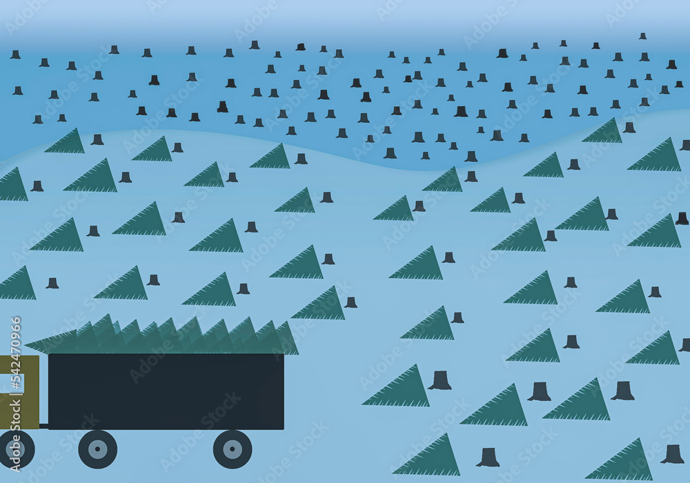 Freshly cut spruce trees lie on the snow, and a truck takes away freshly cut spruce trees. Ecological problem of the forest. Freshly cut spruce trees lie on the snow, and a truck takes away freshly cut spruce trees. Ecological problem of the forest.