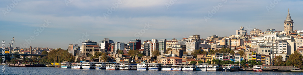 Panoramic view of Karaköy Pier ferry landing on the Golden Horn, east of the Galata Bridge