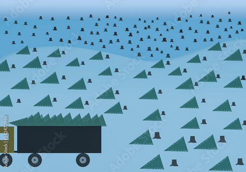Freshly cut spruce trees lie on the snow, and a truck takes away freshly cut spruce trees. Ecological problem of the forest. © Tamara