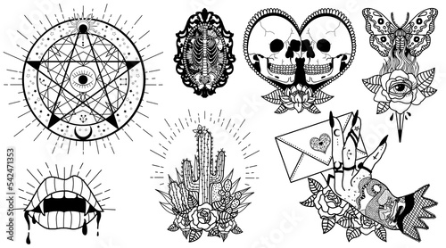 Gothic Tattoo Set. Witchcraft illustrations. Occult symbols. Witchcraft and magic drawings. Death Skulls, Mystic and esoteric elements, magic potions