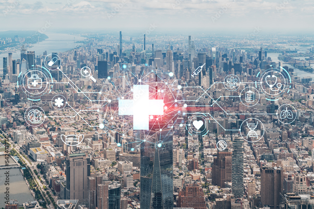 Aerial panoramic helicopter city view of Upper Manhattan, Midtown and Downtown, New York, USA. Health care digital medicine hologram. The concept of treatment and disease prevention