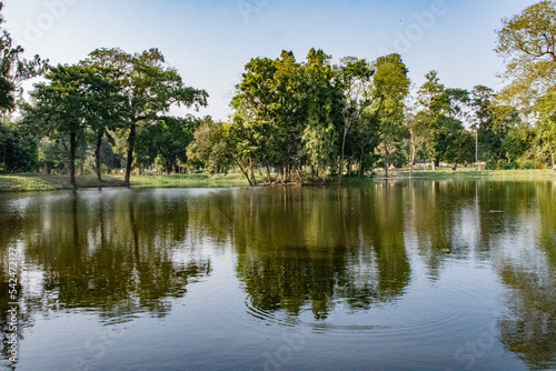 Reflection of green trees and blue sky on the lake in the park in autumn