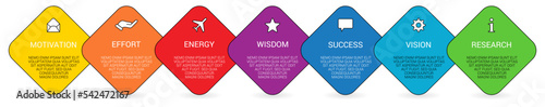 Seven rotated squares on the bias arranged next to each other, can be used as infographics element illustrating steps in process