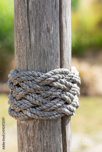 Vertical closeup of ropes tied around a wooden pole © andre