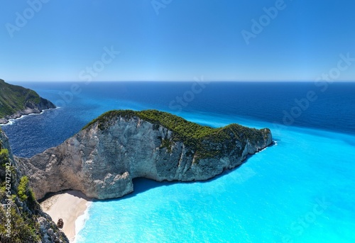 Aerial shot of an exotic beach with an azure sea view at Zakynthos, Greece