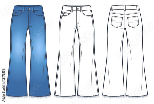 Unisex flared bottom Jeans Pants technical fashion illustration, blue design. Denim Pants with raw hem, medium waist, flared fit, front view, back view, white, women, men, unisex CAD mockup.