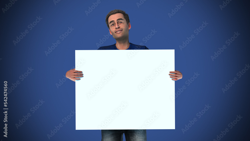 man holding and showing white billboard canvas blank copy space blue background 3D illustration man holding and showing white billboard canvas blank copy space blue background 3D illustration