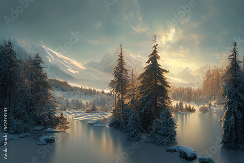 sunrise over the lake, winter landscape in the mountains