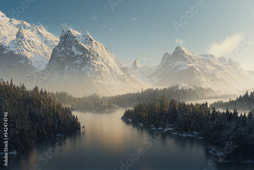sunrise over the lake, winter landscape in the mountains © Phm