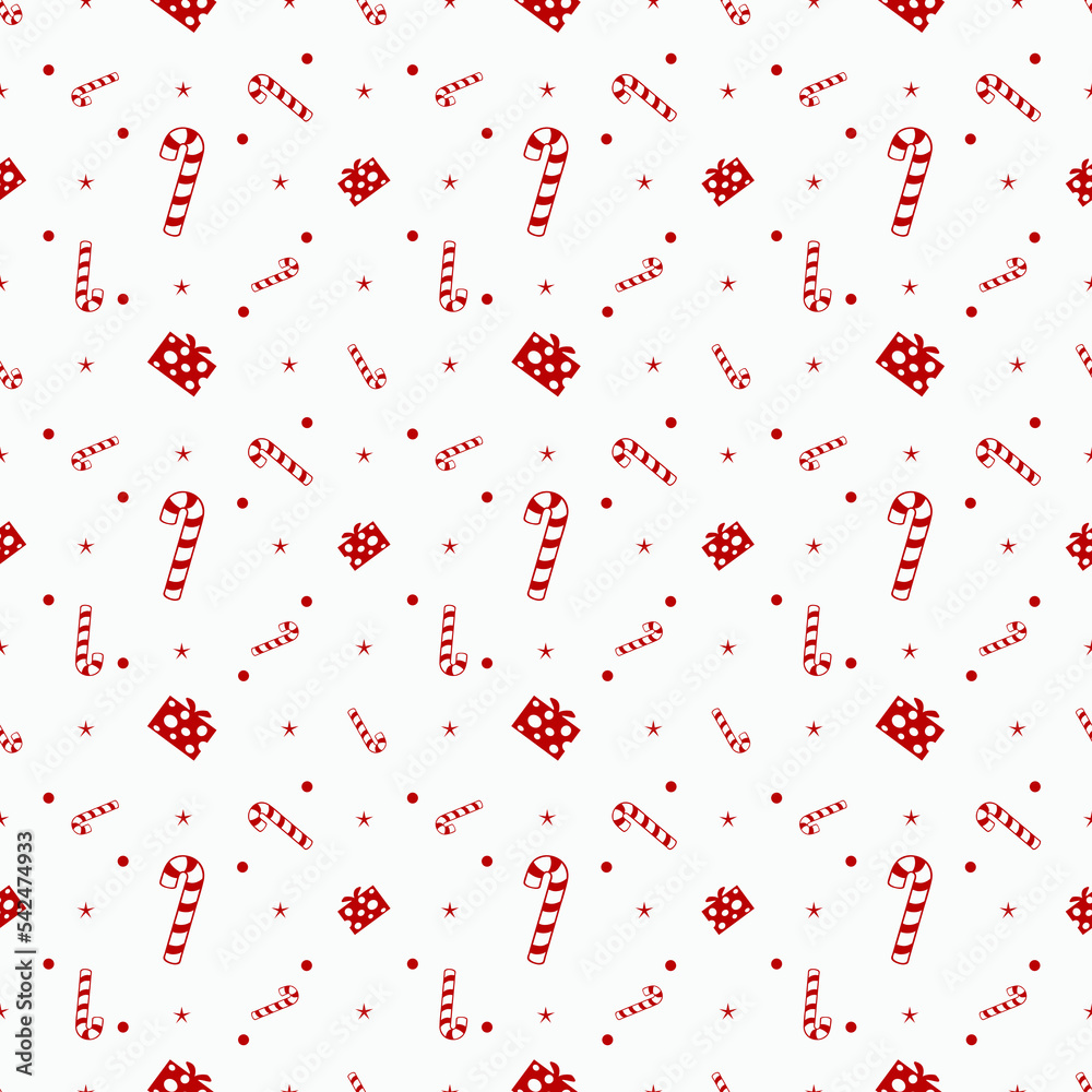 Christmas seamless pattern with hearts, candy, ornaments, and gifts with white background