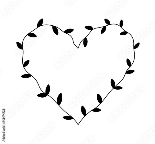 Vector isolated heart shape branch tvig leaves liana with black leaves colorless black and white contour line easy drawing