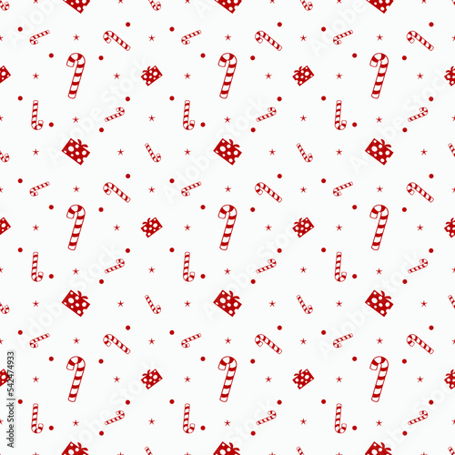 Christmas seamless pattern with hearts, candy, ornaments, and gifts with white background