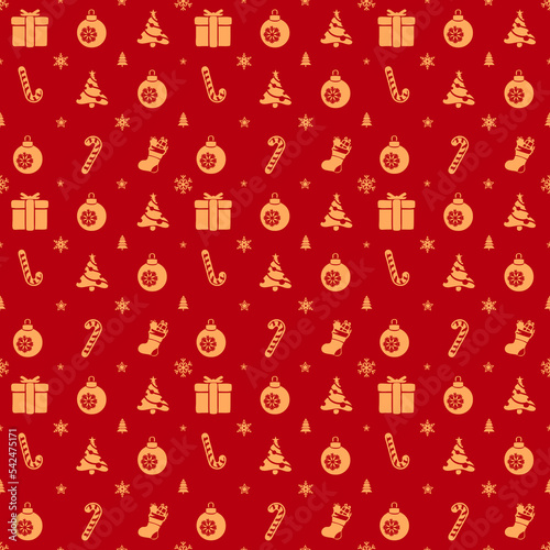 seamless pattern with Christmas balls, candy, and gifts