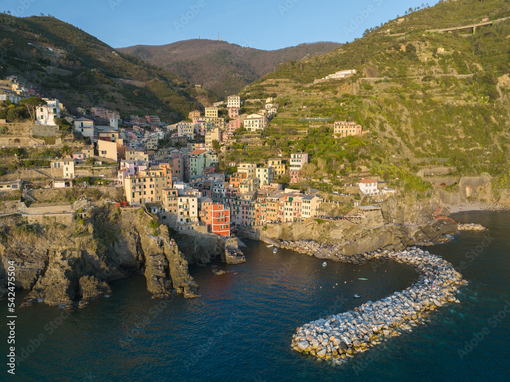 Riomaggiore Town from aerial view at sunsetg