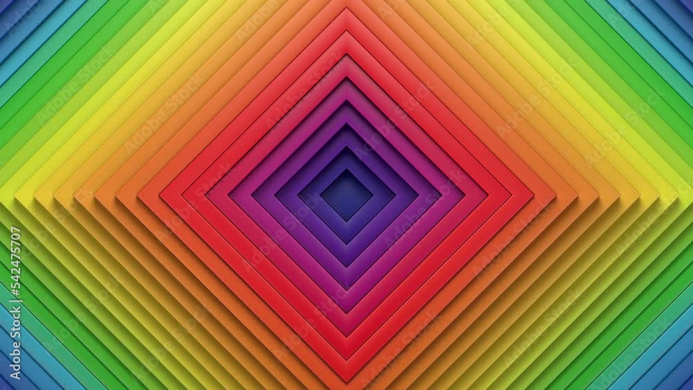 Abstract pattern of concentric square rings, displacement effect, rainbow minimal squares expanding, 3d animation for business presentation, seamless loop
