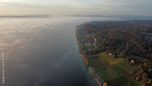 Aerial shot of the Meersburg city panorama and coast in Germany photo