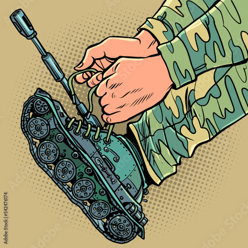 A uniformed soldier puts on tanks instead of boots. Concept army war mobilization