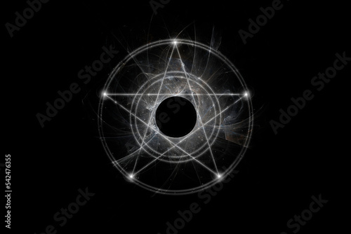 A magical pentagram with glowing clouds of energy. On a black background