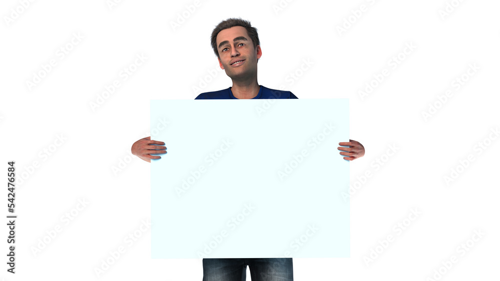 man holding billboard blank copy space white canvas board on transparent background 3D illustration man holding billboard blank copy space white canvas board on transparent background 3D illustration