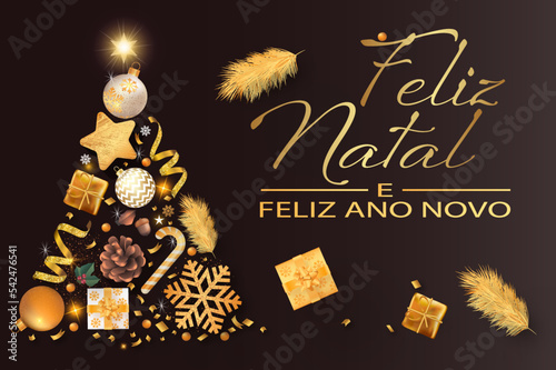 cartão ou banner para desejar um feliz natal e um feliz ano novo em ouro em um fundo preto com uma árvore formada de uma bola de natal, serpentina, abeto, estrela, presentes, pirulito, confete