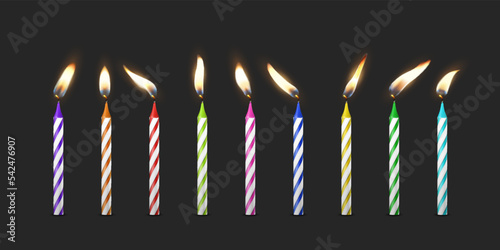 Vector 3d Realistic Paraffin or Wax Burning Birthday Party Candle and Different Flame of a Candle Icon Set Isolated on Black Background. Design Template, Clipart, Birthday Concept