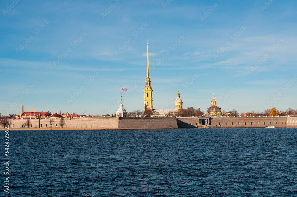 View on Trubetskoy Bastion and Peter-Pavel Cathedral at Zayachy(Rabbit) Island in Saint-Petersburg, Russia