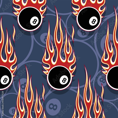 Vector billiard 8 ball snooker pool ball with fire flame seamless pattern design. Ideal for wallpaper packaging fabric textile wrapping paper design.