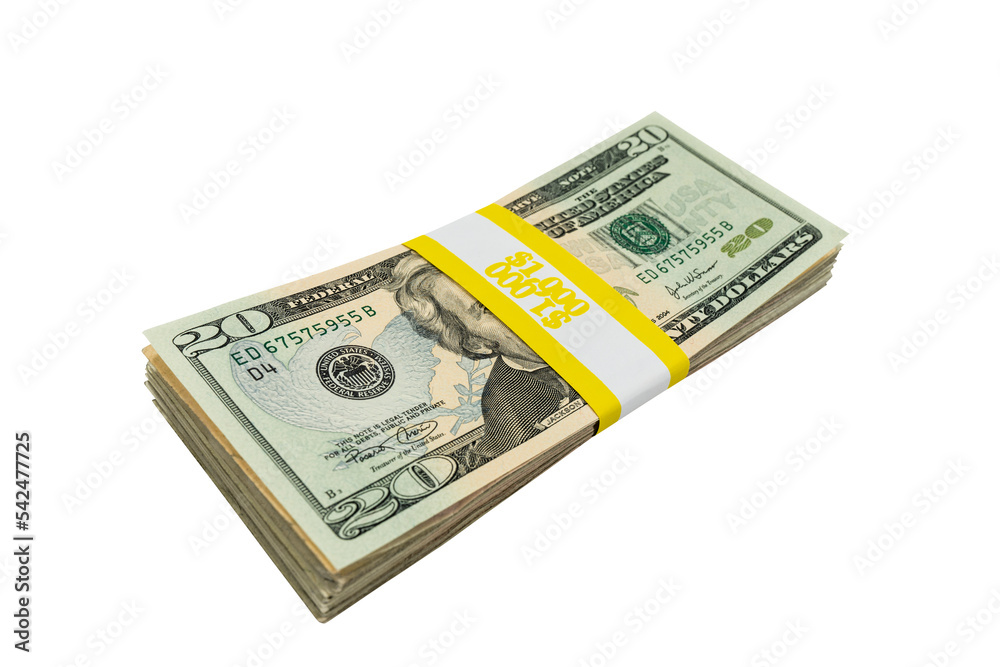 Pack of twenty dollar bills with $1000 paper currency strap isolated. Pack of twenty dollar bills with $1000 paper currency strap isolated.