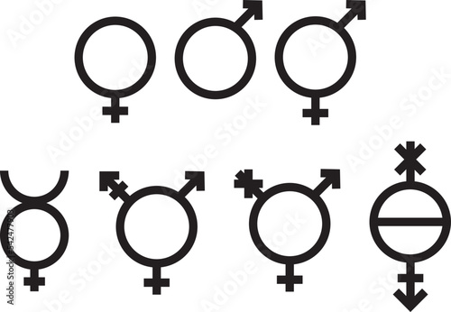 Vector Símbolos de género en líneas negras sobre un fondo blanco. Vista de frente y de cerca. Copy space. Concepto de identificación. 