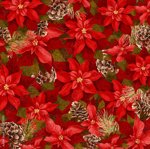 Watercolor christmas red poinsettia pattern with cones and fur branches