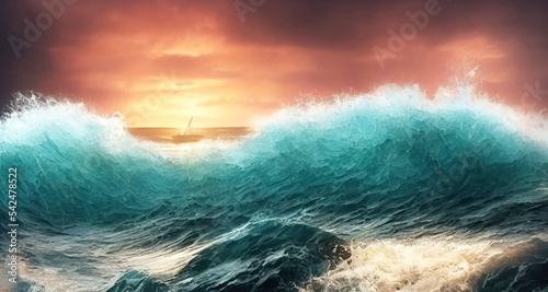 epic ocean waves before beautiful sunset light in oil painting style landscape background. rendering illustrtion.
