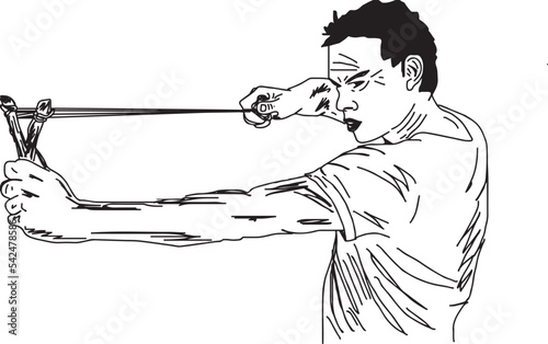 boy holding catapult vector and illustration, Kid holding slingshot in hands sketch drawing, flat cartoon character naughty boy holding catapult