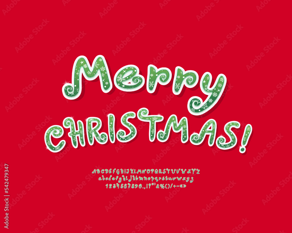 Red creative banner Merry Christmas with green letters. Funny curly font set with alphabet and numbers for winter and Christmas holiday designs Red creative banner Merry Christmas with green letters. Funny curly font set with alphabet and numbers for winter and Christmas holiday designs
