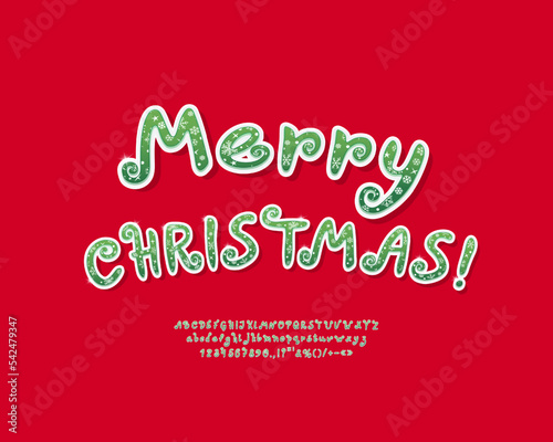 Red creative banner Merry Christmas with green letters. Funny curly font set with alphabet and numbers for winter and Christmas holiday designs