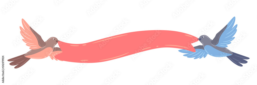 Illustration of cute flying bird and holding ribbon. Image of birdie in simple style. Illustration of cute flying bird and holding ribbon. Image of birdie in simple style.