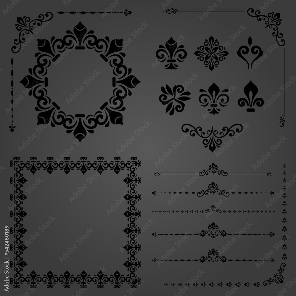 Vintage set of horizontal, square and round elements. Black elements for backgrounds, frames and monograms. Classic black patterns. Set of vintage patterns